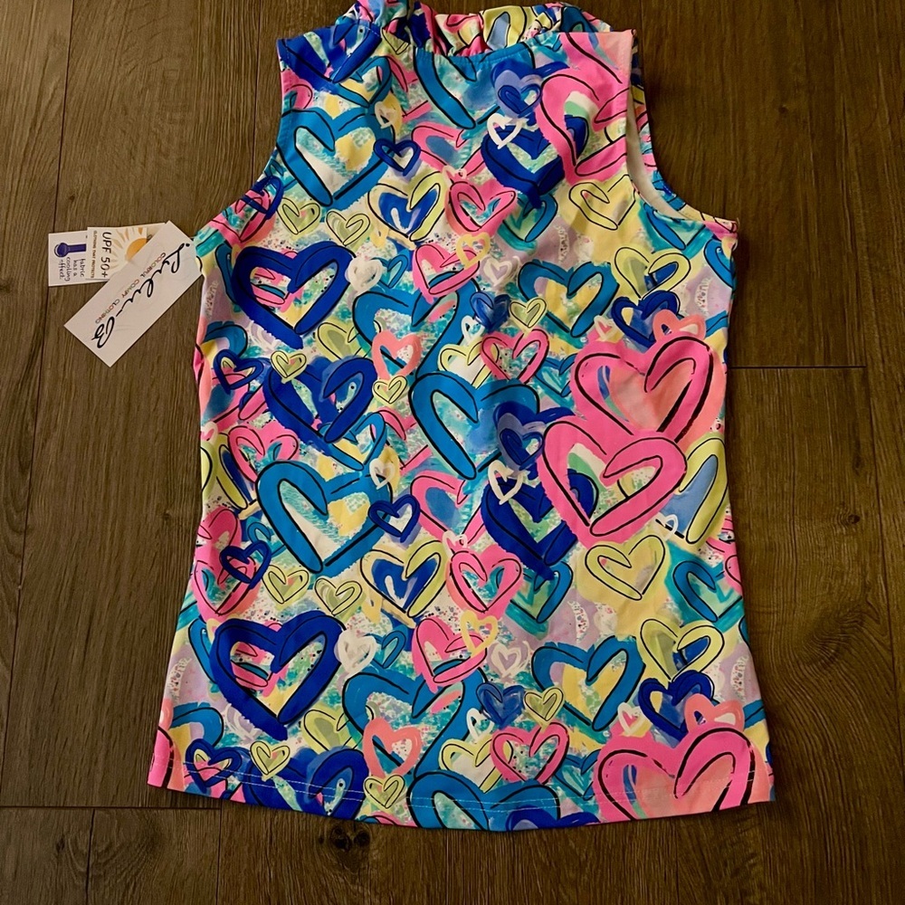 Lulu B Sleeveless Ruffle Cooling UPF 50 Top Colorful Hearts Print Small NWT new - Picture 3 of 12